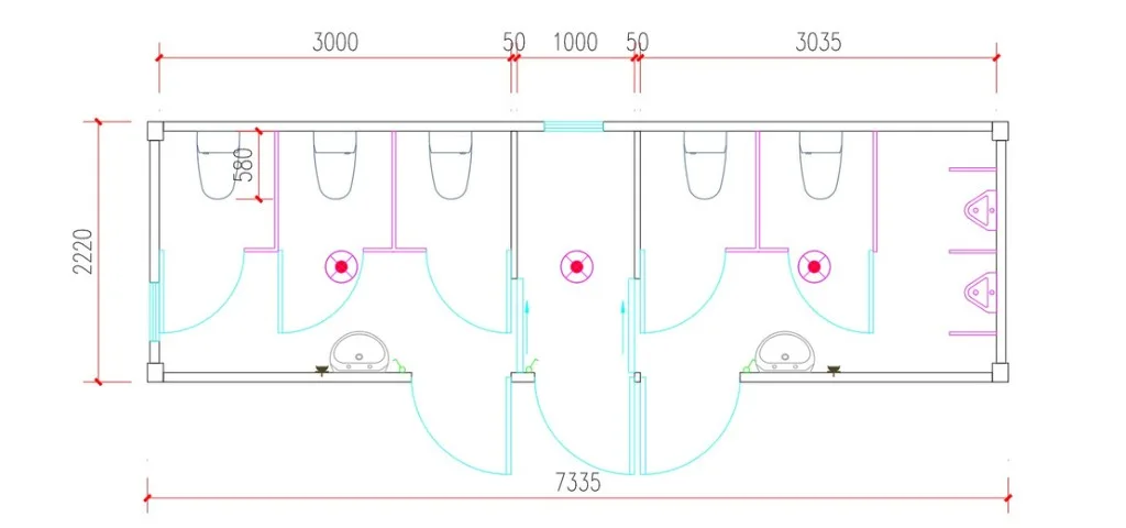 Comfort 30FT — půdorys dispozice (centrální vstup, WC a urinály)