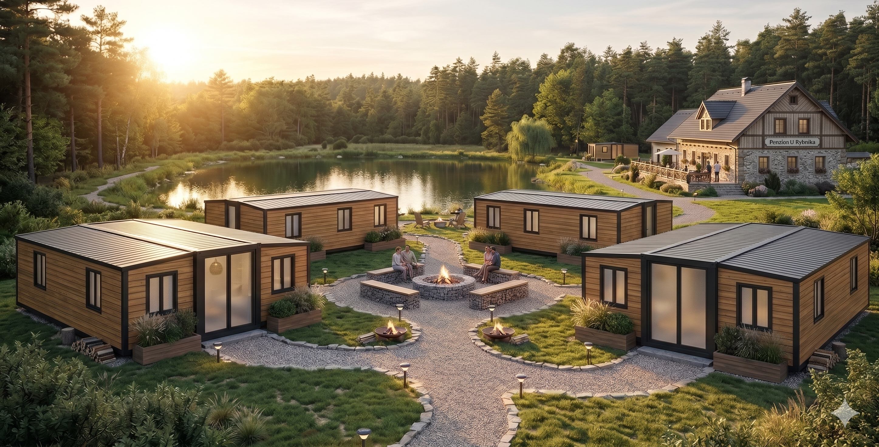 Modulární ubytování pro hotely a penziony — vizualizace resortu s moderními jednotkami