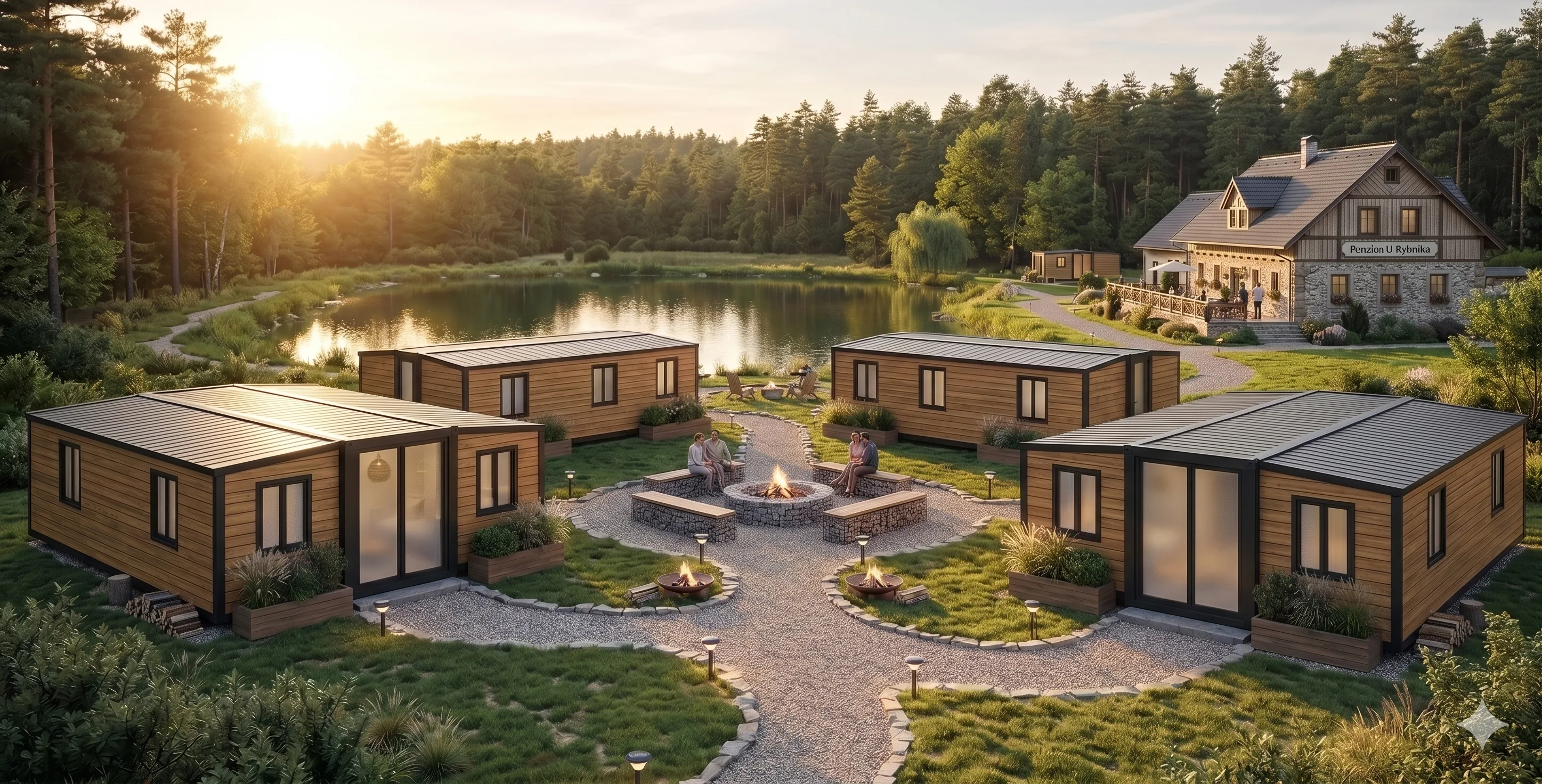 Modulární ubytování pro hotely a penziony — vizualizace resortu s moderními jednotkami
