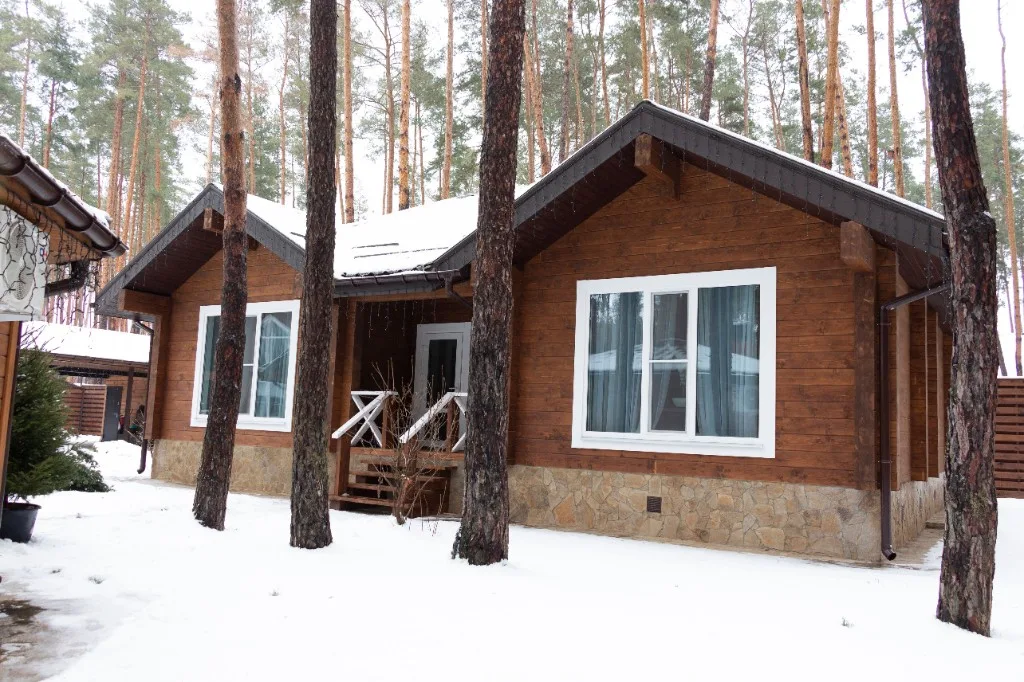 Dřevěná chata v zimní krajině se sněhem