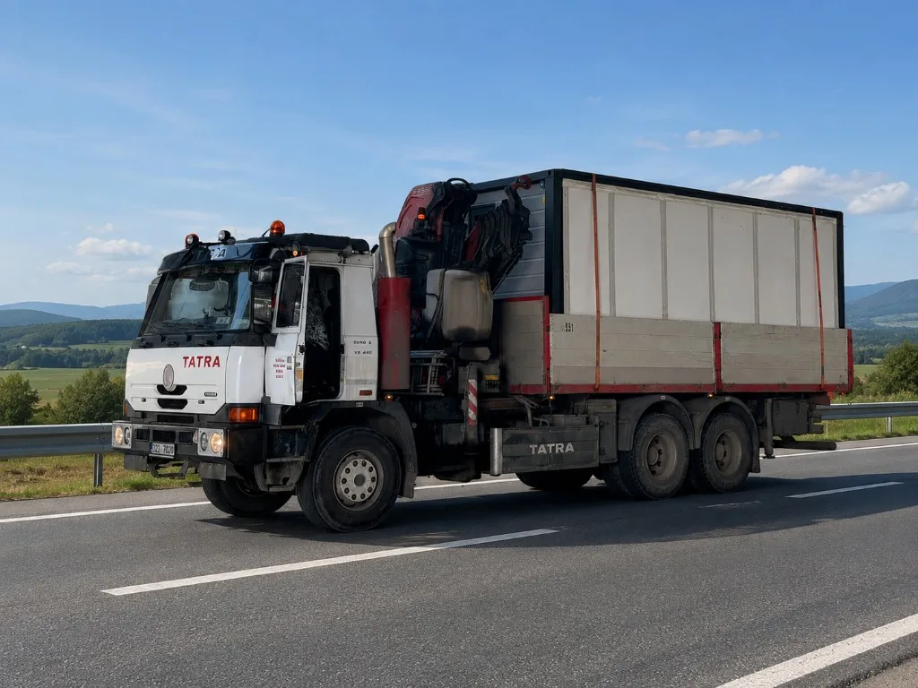 Doprava a montáž — Tatra s jeřábem převáží modulární stavbu na pozemek